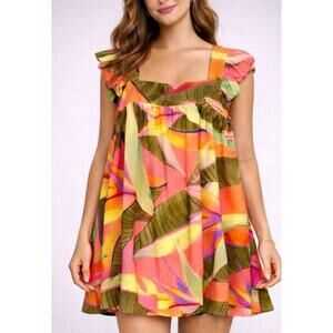 Kourt Zaccai Tropical Ruffle Linen Blend Mini Dress size XL